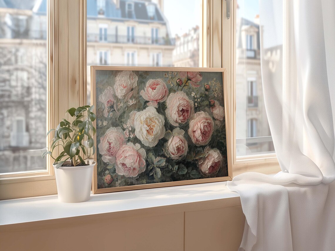 Blush Roses And Peonies Lush Oil Painting Romantic Floral Still Life Poster