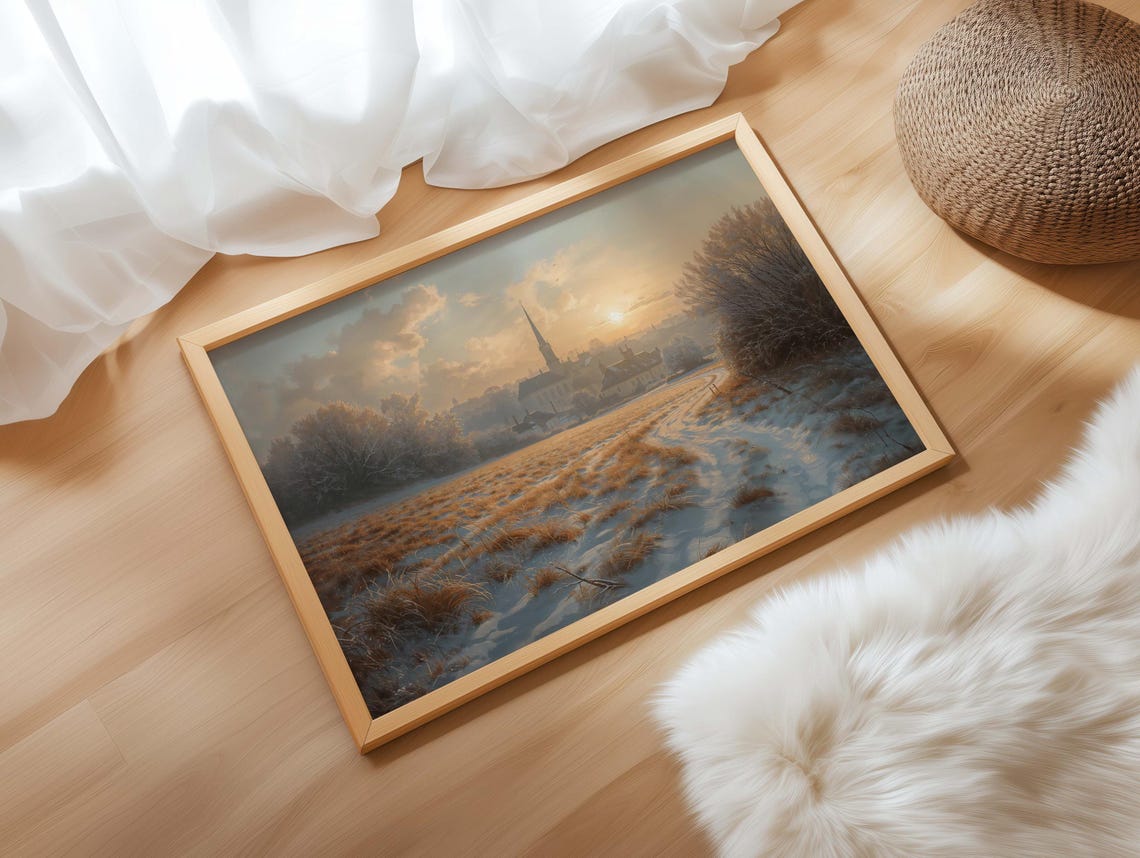 Golden Calm Winter Sunrise Snow Field Church Spire Landscape Art Print