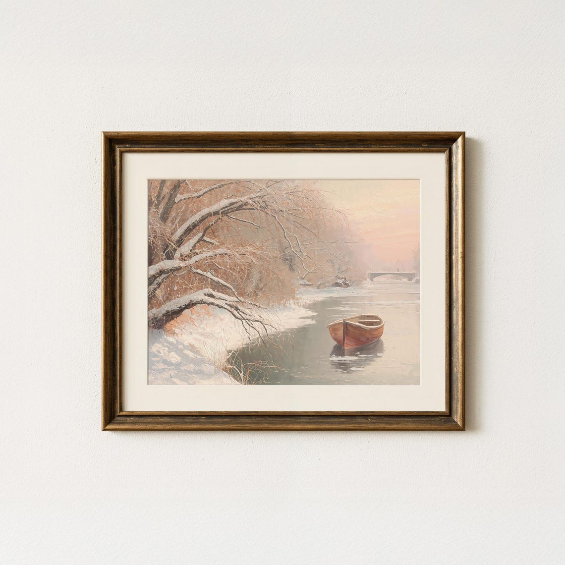 Serene Winter Riverbank Snowy Rowboat Vintage Christmas Art Print