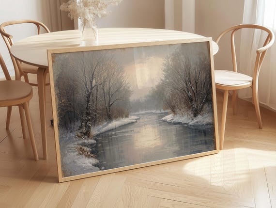 Vintage Winter River Landscape Painting Muted Forest Wall Art
