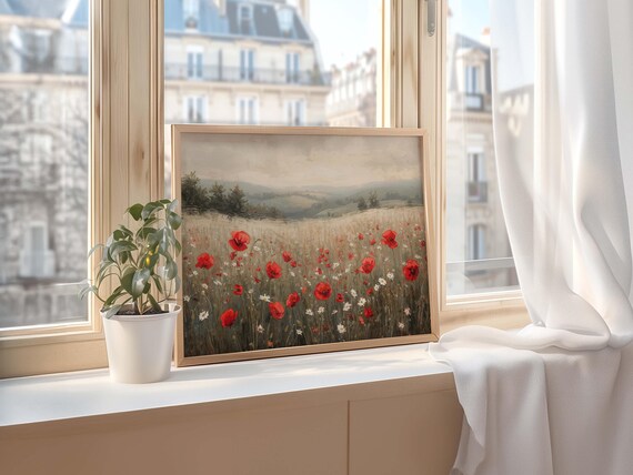 Red Poppies Wheat Field Rolling Hills Vintage Countryside Art Poster