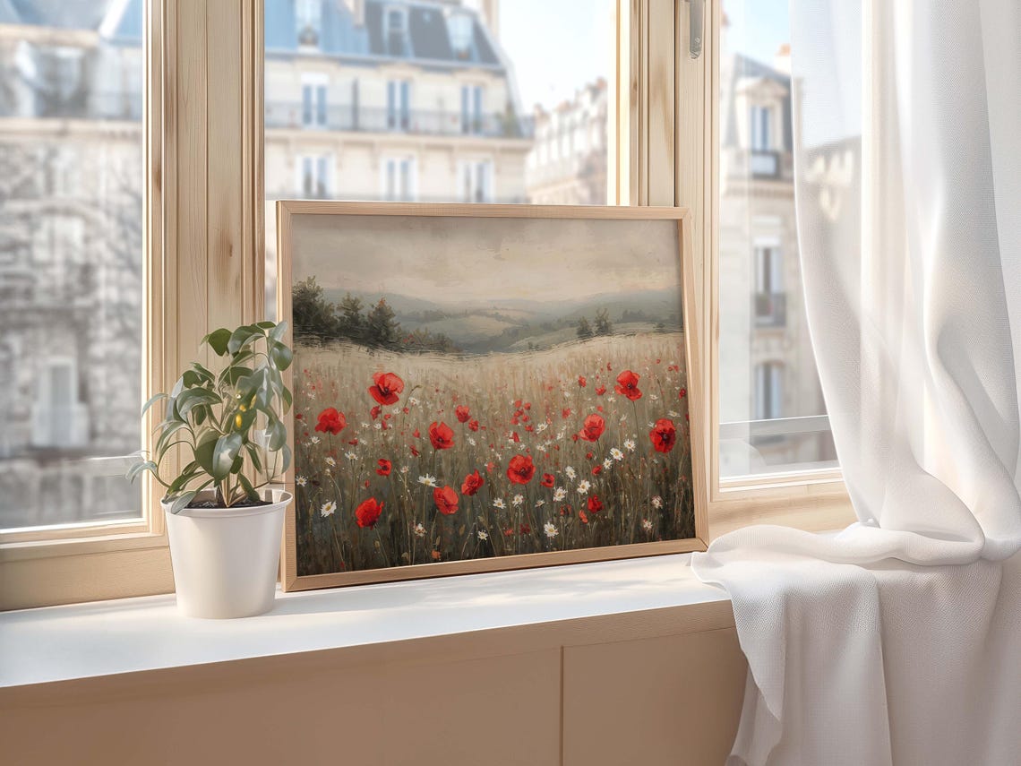 Red Poppies Wheat Field Rolling Hills Vintage Countryside Art Poster