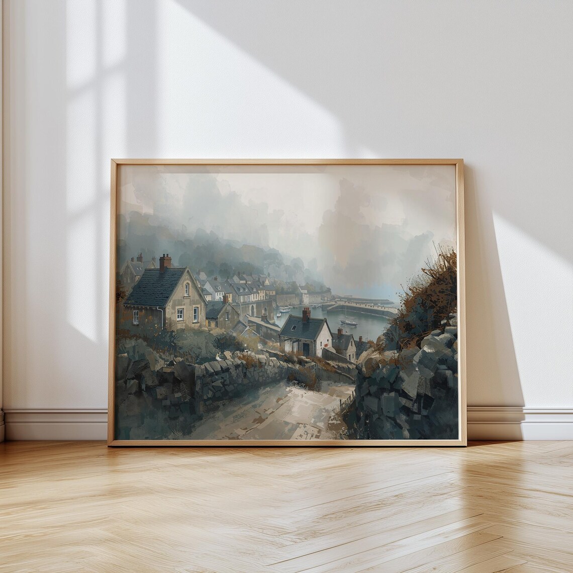 Coastal Fishing Village Harbor with Stone Cottages Painting Poster