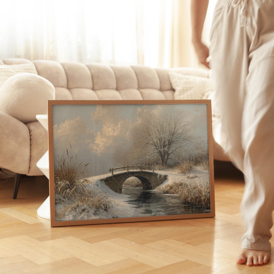 Vintage Snowy Stone Bridge Winter Stream Romantic Landscape Art Print