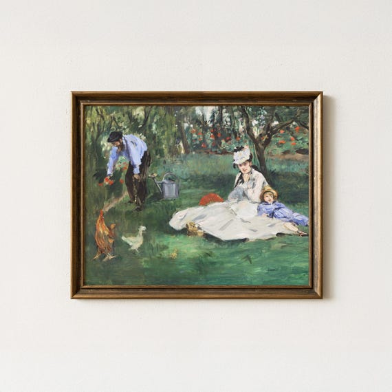 The Monet Family In Garden Vintage Art Print Restored Painting