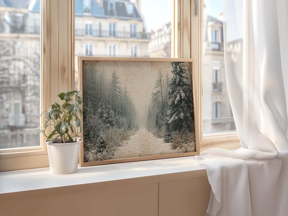 Vintage Winter Forest Print Muted Watercolor Landscape