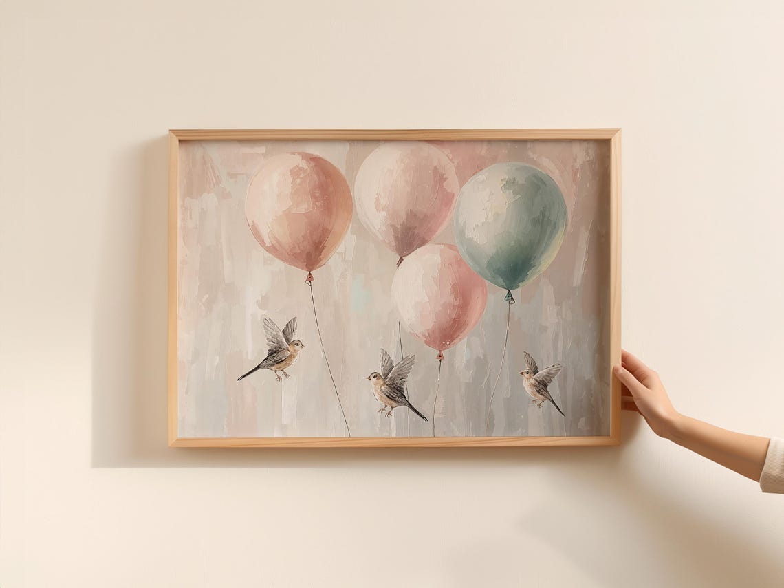 Birds And Balloons Pastel Nursery Kids Room Wall Decor Art Poster