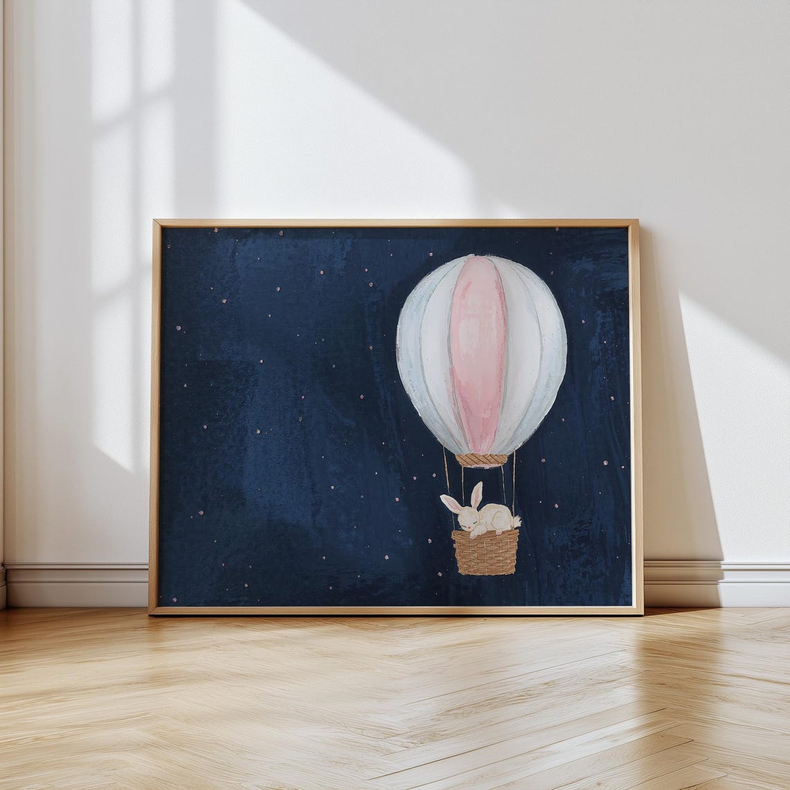 Sleepy Bunny Riding Hot Air Balloon Starry Night Nursery Print