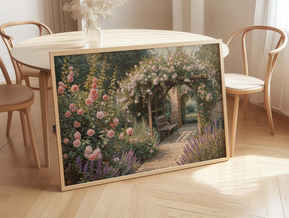 Rose Garden Trellis Arch Lavender Border Bench Vintage Scene Poster