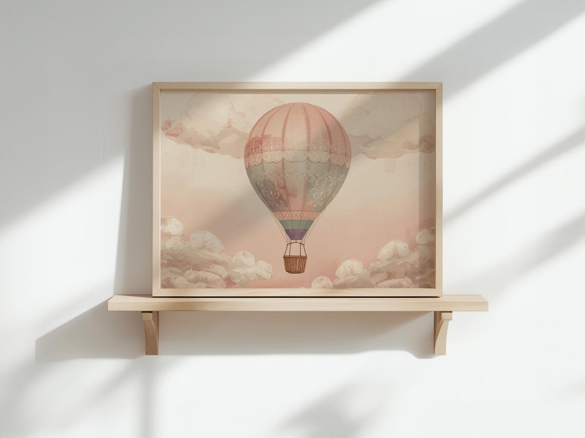 Pastel Hot Air Balloon Pink Clouds Vintage Nursery Kids Print