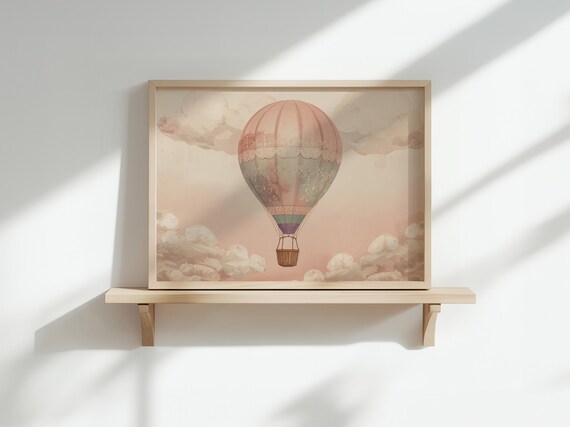 Pastel Hot Air Balloon Pink Clouds Vintage Nursery Kids Print