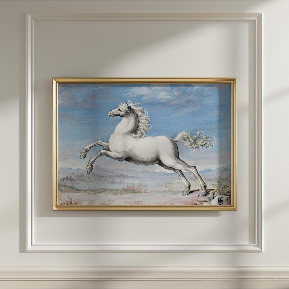 Joris Hoefnagel Leaping White Horse Vintage Animal Study Print