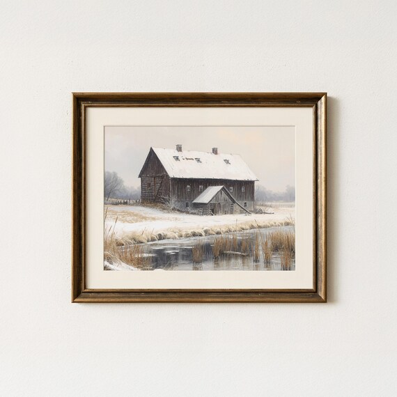 Rustic Winter Barn Frozen Pond Snowy Countryside Painting Art Print