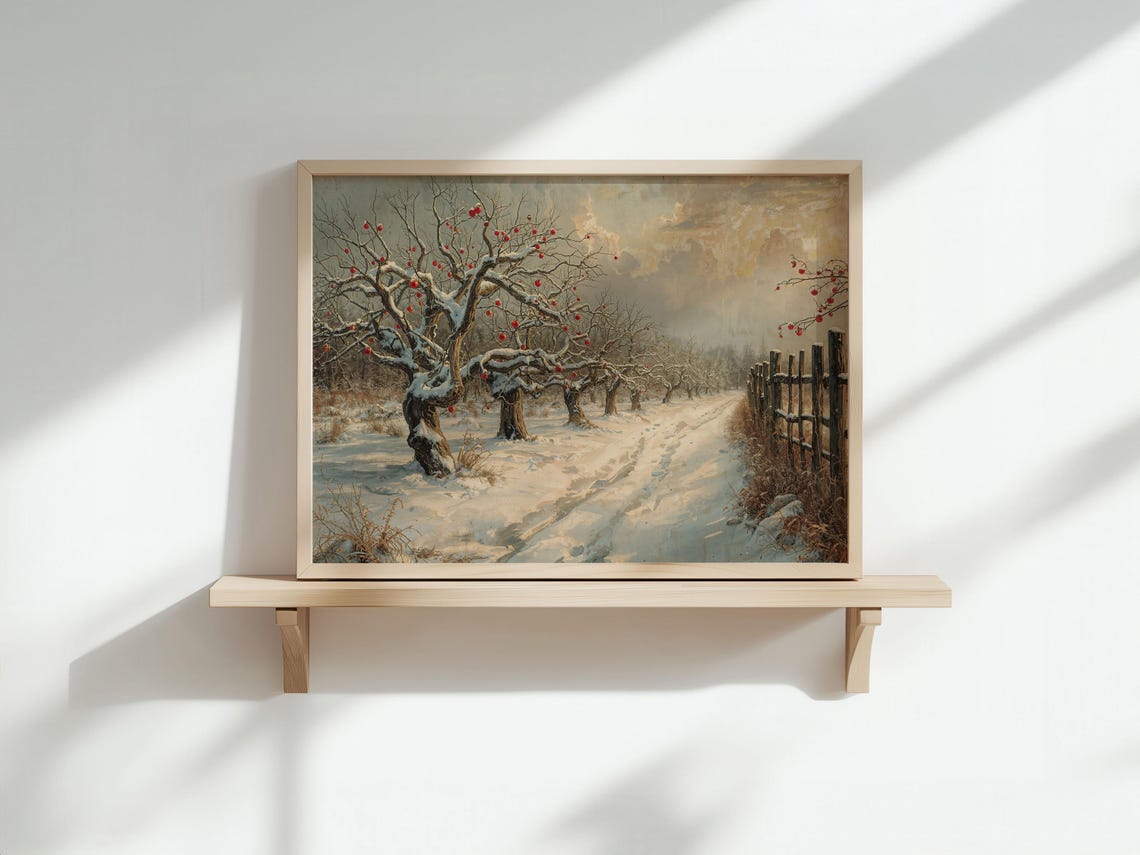 Snowy Winter Orchard Red Berries Golden Light Vintage Poster