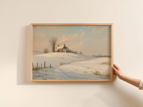 Vintage Winter Farmhouse Art Print Snowy Hill Landscape