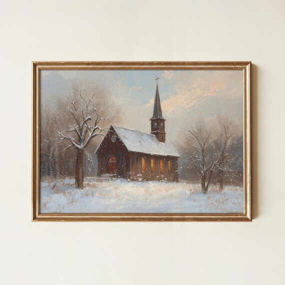 Snowy Church Winter Chapel Glowing Windows Christmas Art Poster