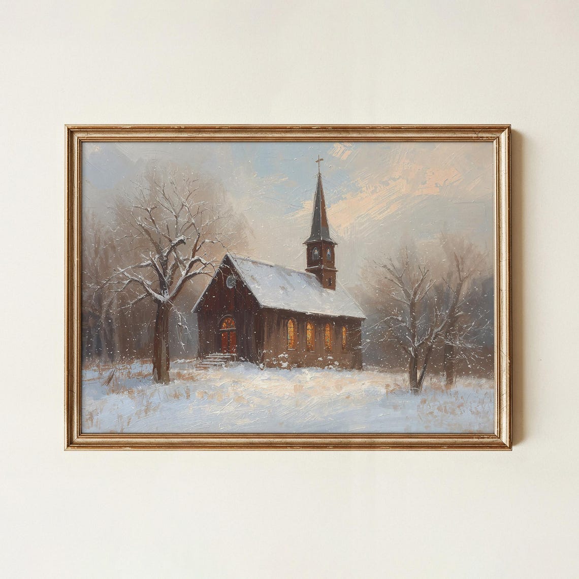 Snowy Church Winter Chapel Glowing Windows Christmas Art Poster