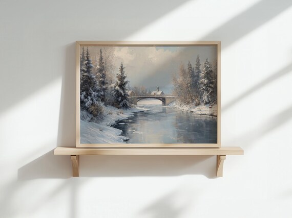 Winter River Snowy Bridge Village Vintage Holiday Art Poster