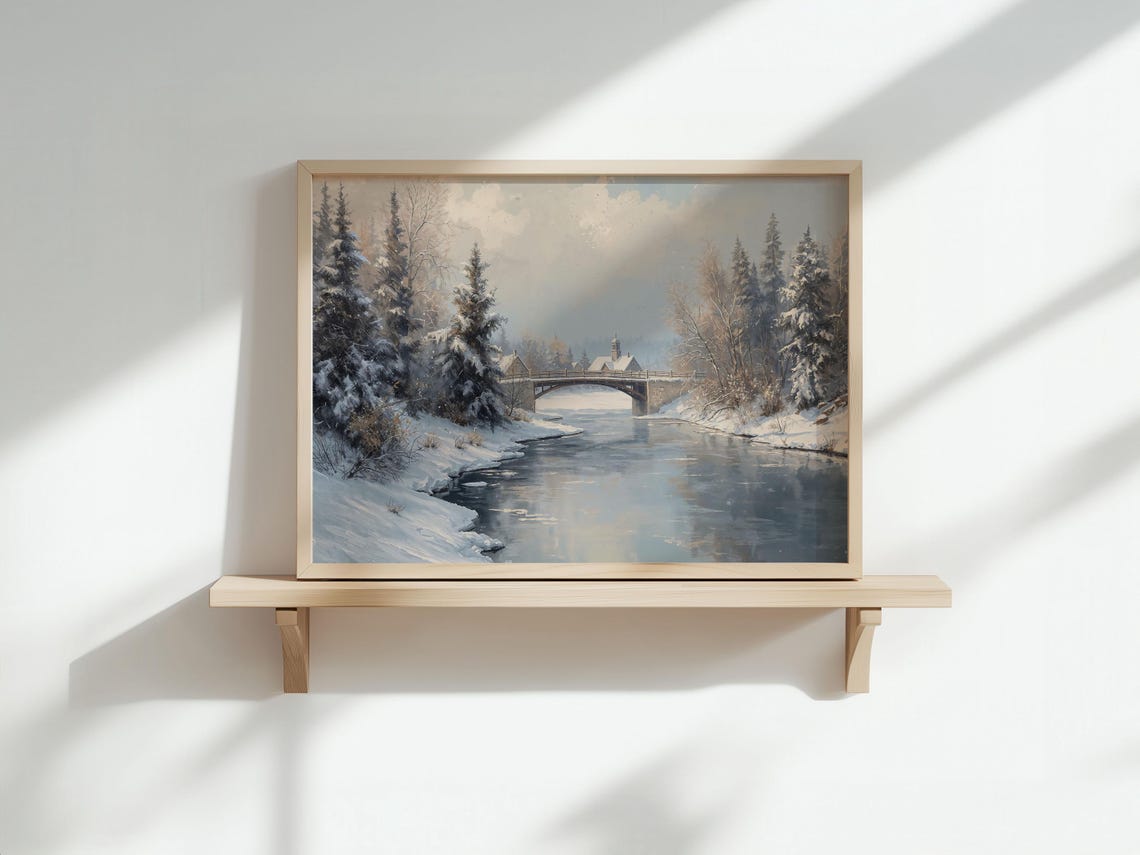 Winter River Snowy Bridge Village Vintage Holiday Art Poster