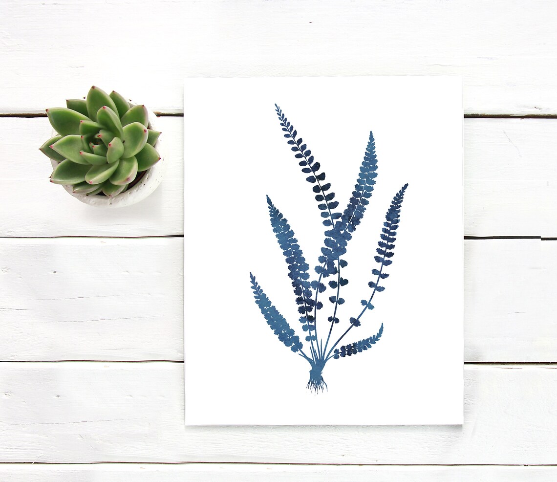 Indigo Blue Fern Fronds Botanical Watercolor Minimal Art Poster