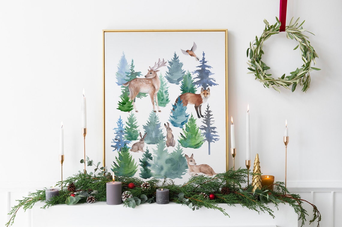 Watercolor Woodland Animals Deer Fox Rabbit Forest Nursery Poster - Image 2