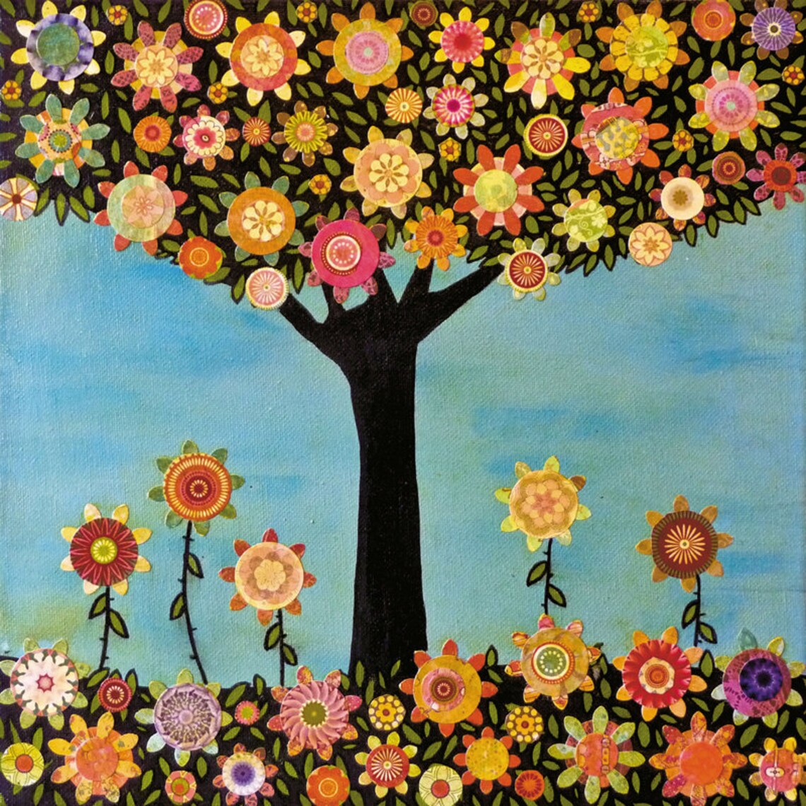 Black Flowering Tree in Full Bloom Bright Colorful Folk Art Poster