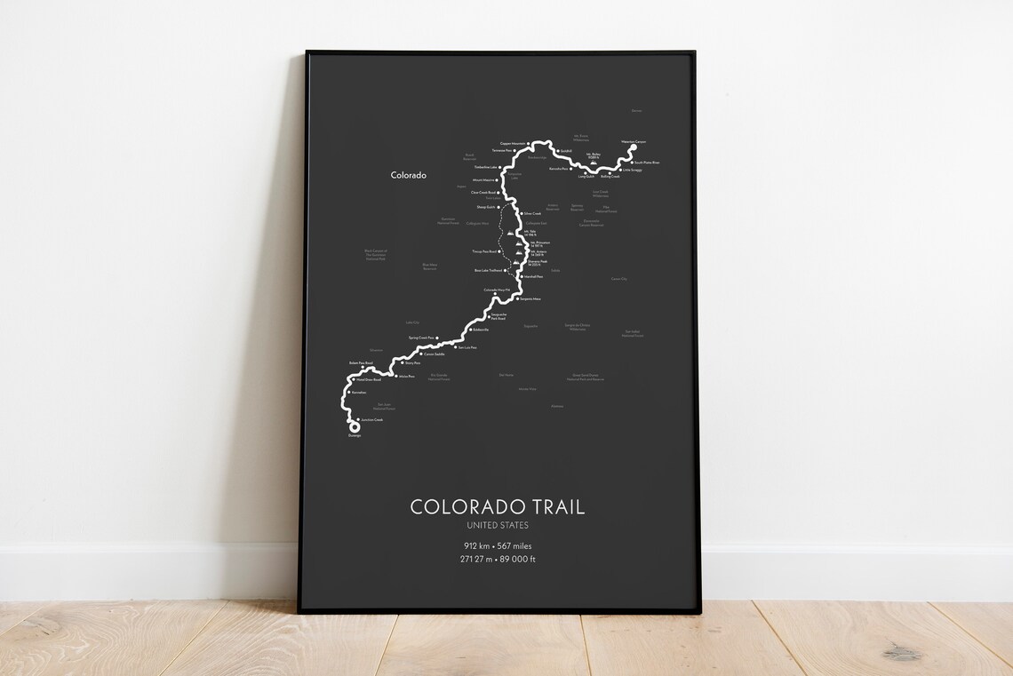 Colorado Trail Hiking Map Poster, Mountain Wall Art
