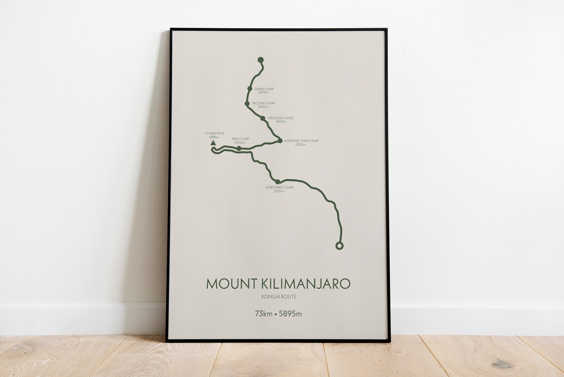 Kilimanjaro Rongai Trail Travel Poster, Mountain Map