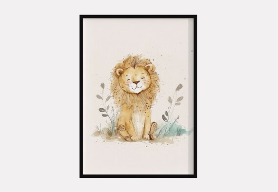 Baby Lion Watercolor Nursery Smiling Cub Safari Kids Art Poster