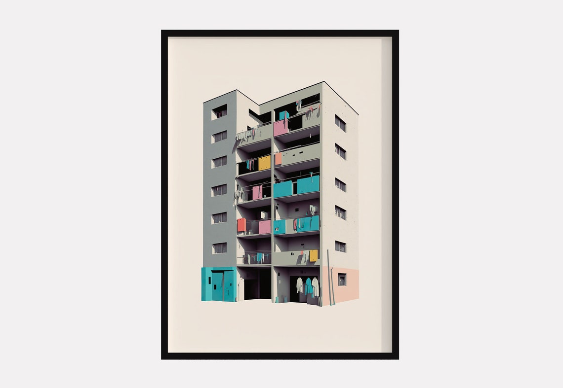 Minimalist Concrete Housing Block Laundry Balconies Urban Poster