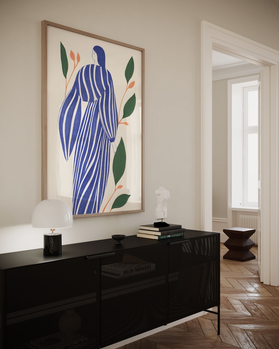 Blue Striped Dress Woman Botanical Mid Century Figure Art Poster - Image 2