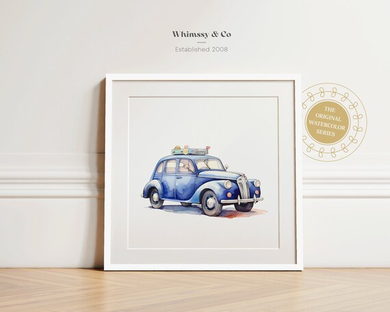 Vintage Blue Police Car Watercolor Kids Room Nursery Automotive Wall Poster