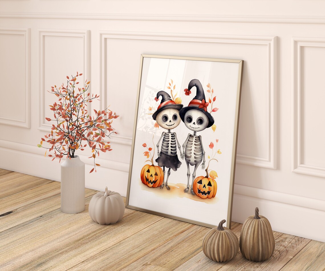 Cute Skeletons Holding Hands Halloween Kids Watercolor Nursery Poster
