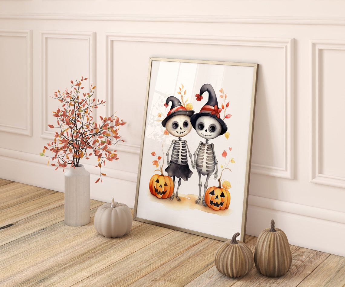 Halloween Skeletons Happy Holding Hands Wall Art Kids Decor Nursery Print Gift