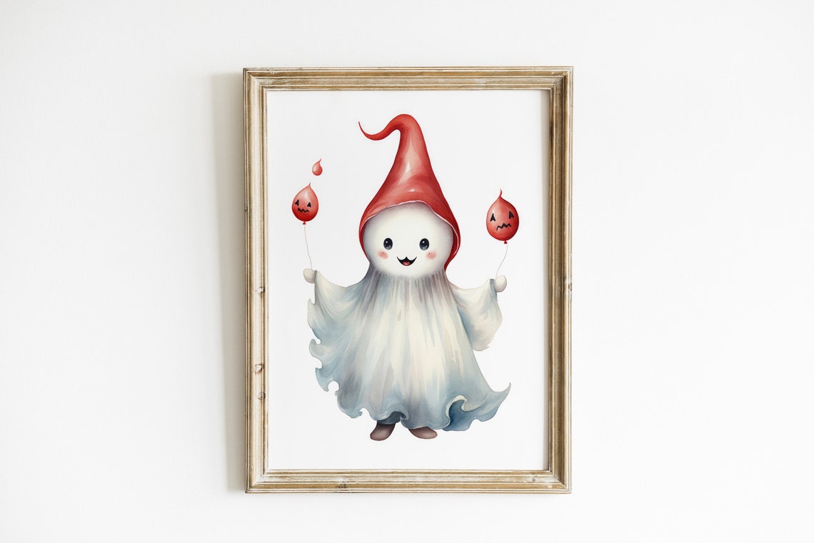 Cute Ghost With Red Hat Holding Pumpkin Balloons Halloween Poster