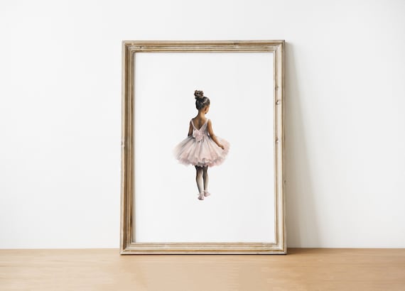 Curly Hair Ballerina Girl Pink Tutu Watercolor Dance Art Poster