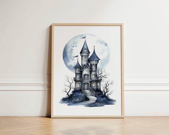 Blue Ink Halloween Castle Big Moon Wall Art Kids Prints Decor