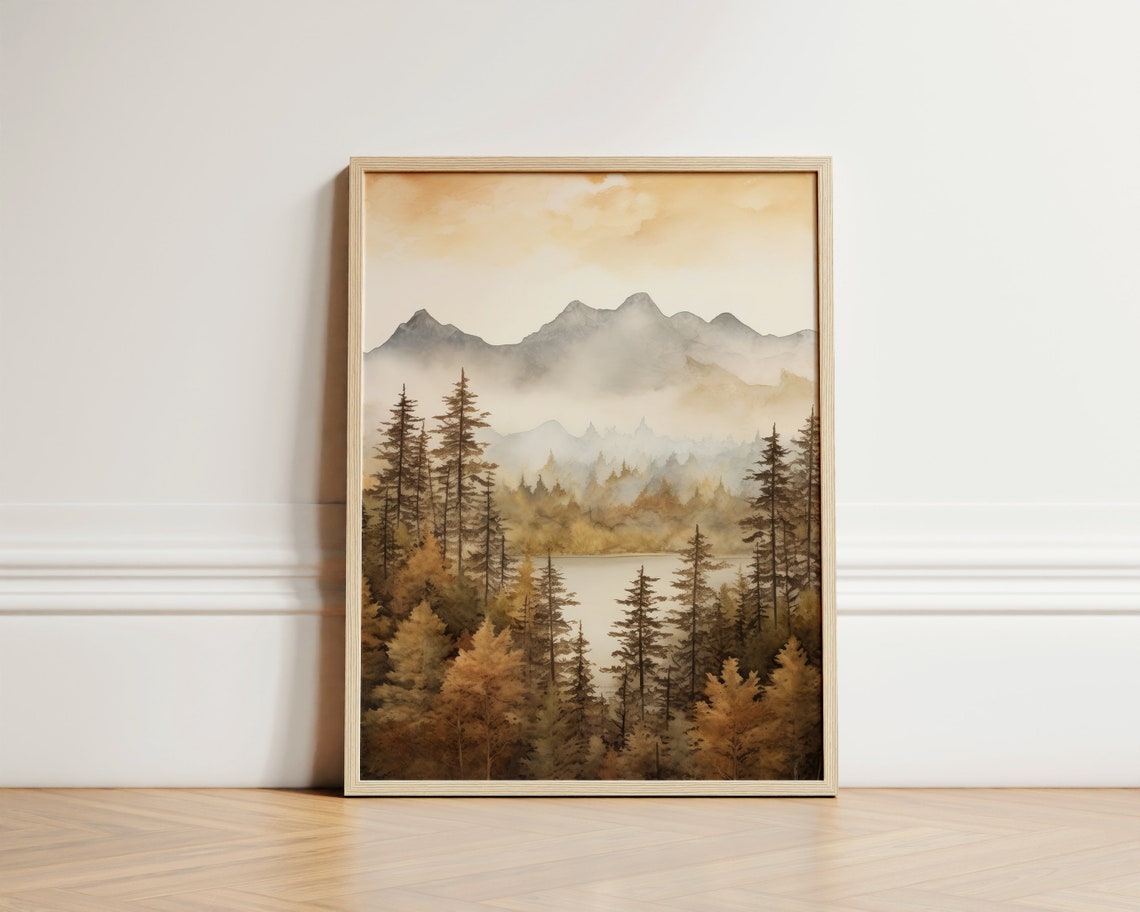 Adirondack Mountains Watercolor with Misty Pines and Lake Poster