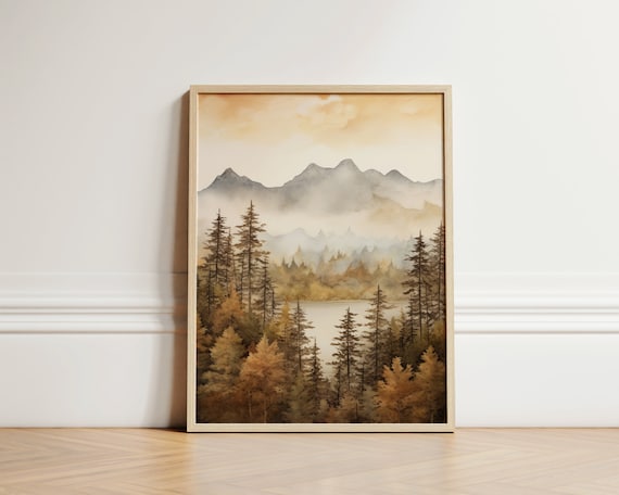 Adirondack Mountains Watercolor with Misty Pines and Lake Poster