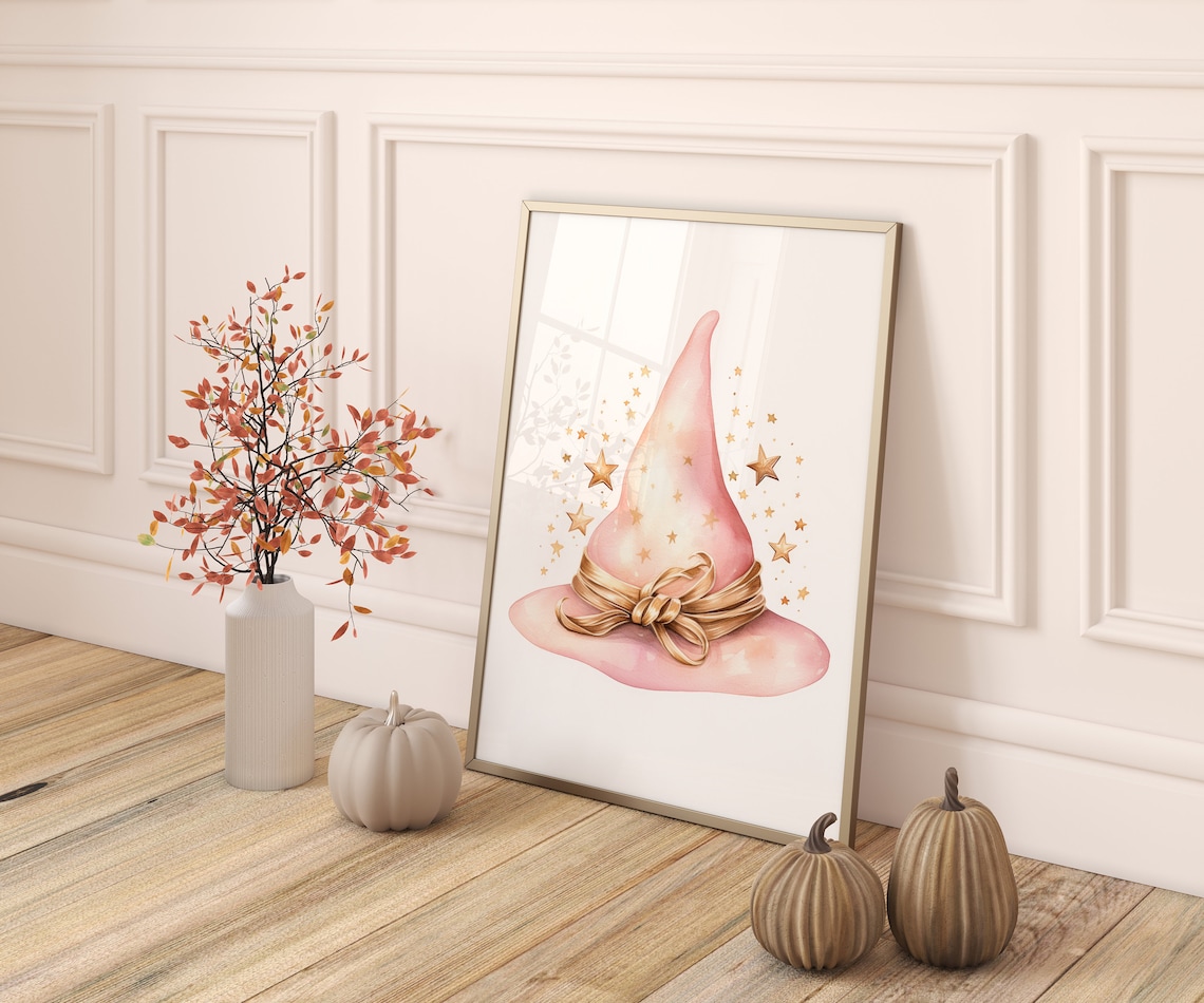 Pink Witch Hat Watercolor Gold Stars Halloween Kids Room Art Poster