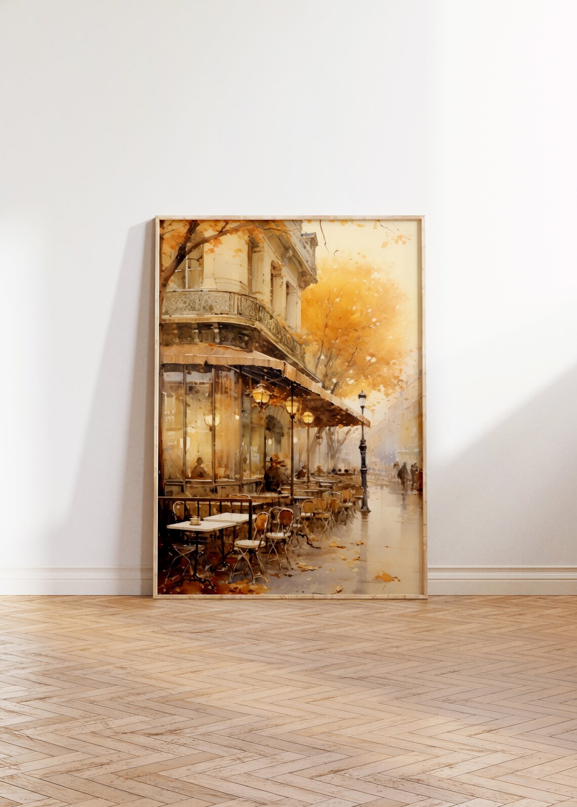 Parisian Street Cafe In Autumn Golden Watercolor European City Poster