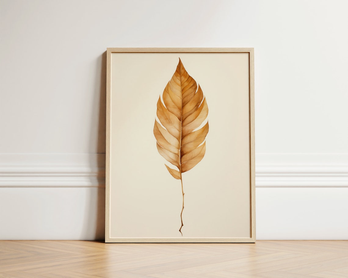 Amber Dried Leaf Minimalist Botanical Watercolor Fall Wall Art