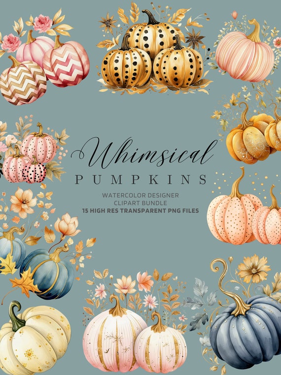 Pastel Pumpkin Clipart Bundle Whimsical Halloween Pattern Instant Gold Pink Png