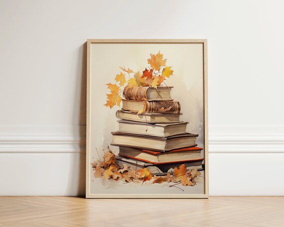 Stack of Vintage Books Autumn Leaves Cozy Fall Library Fine Art Poster