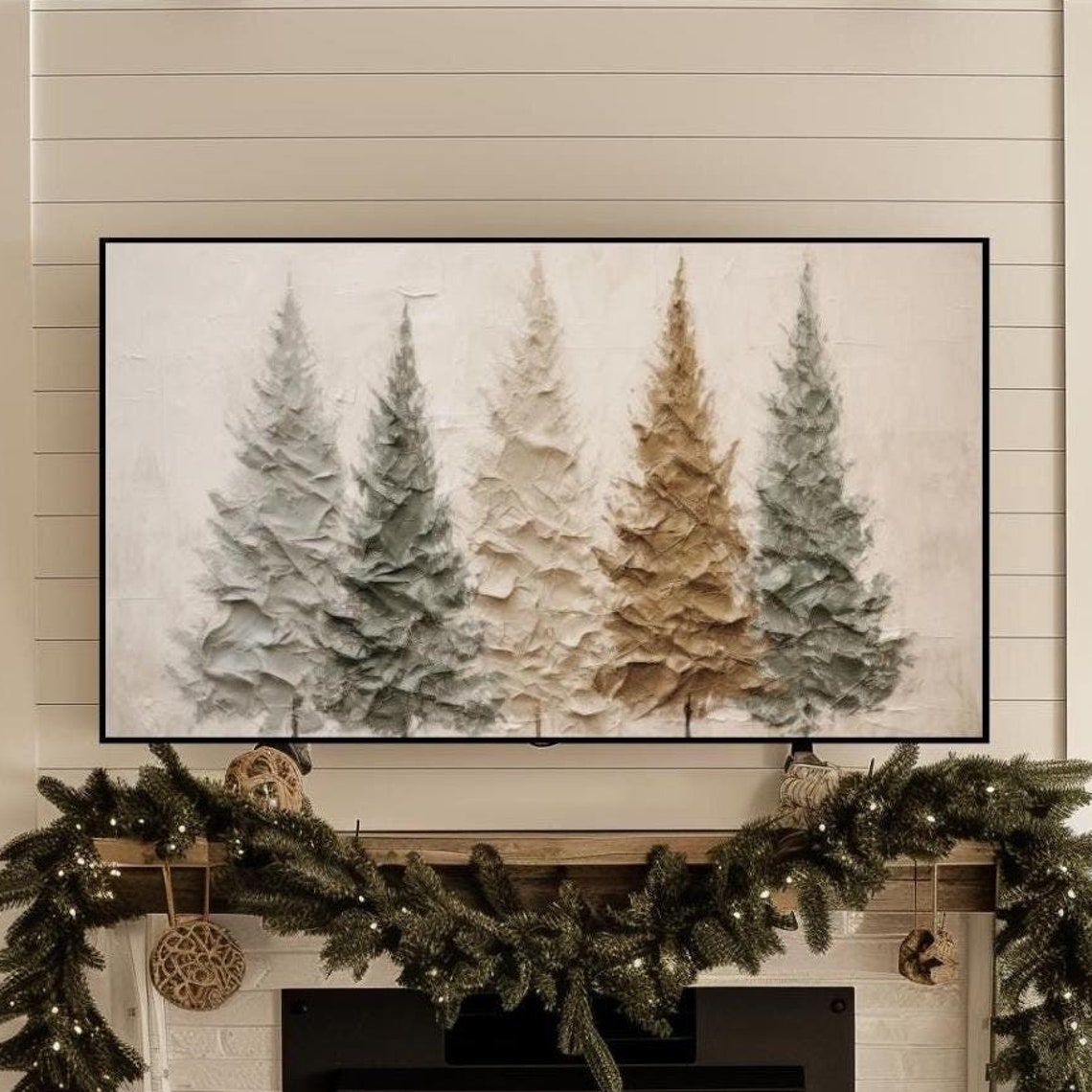 Five Textured Pine Trees Neutral Farmhouse Winter Painting Poster