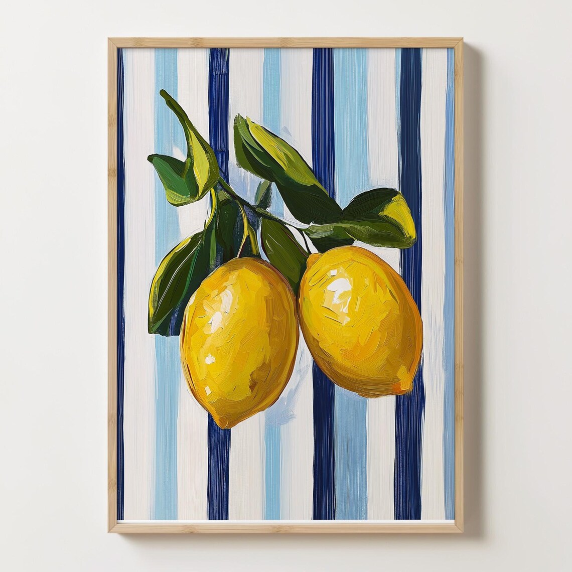Two Ripe Yellow Lemons On A Branch Over Blue Striped Canvas Poster