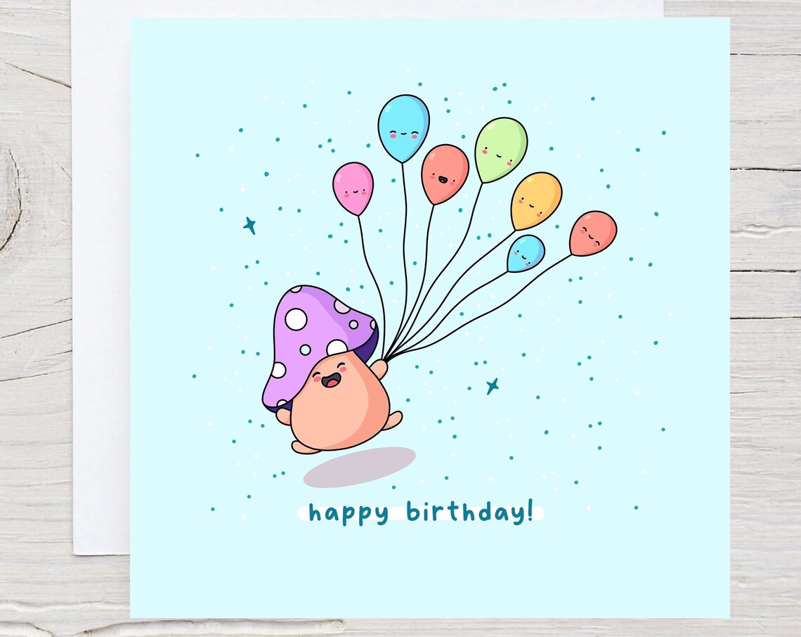 Cute Kawaii Mushroom Holding Balloons Happy Birthday Art Print