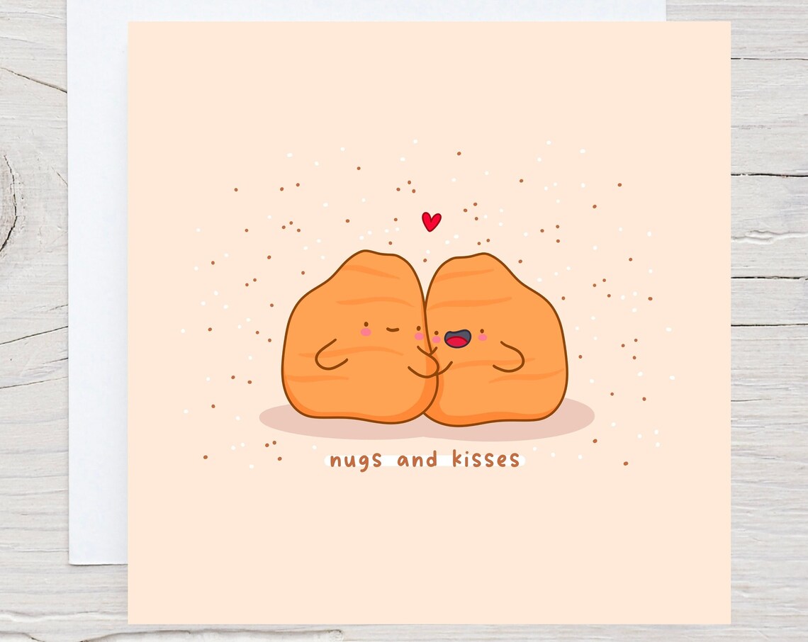 Cuddling Chicken Nuggets Nugs and Kisses Love Card Cute Print