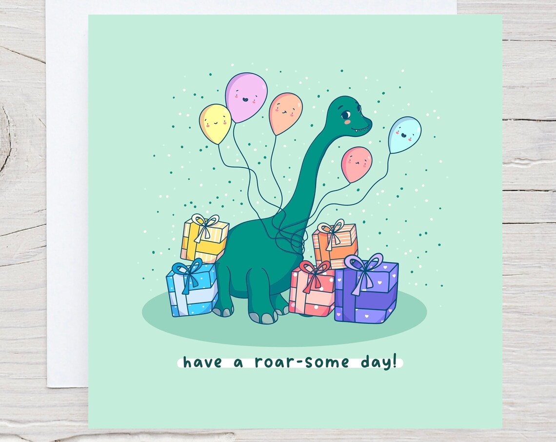 Cute Kawaii Dinosaur Holding Balloons Roar Some Day Art Print