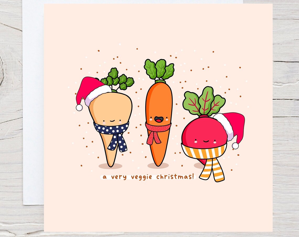 Kawaii Veggie Christmas Pun Poster with Carrot Radish Santa Hats